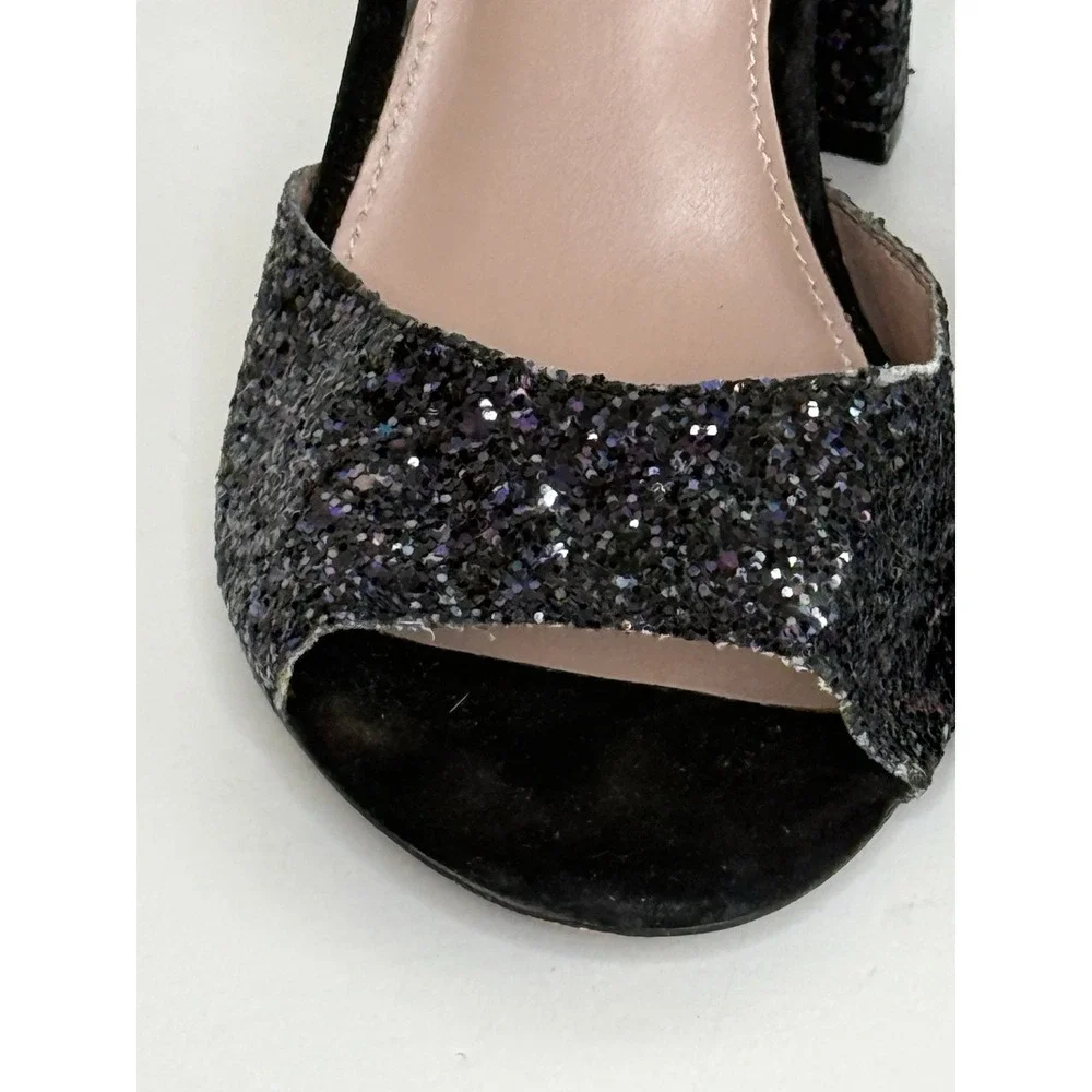 Betsey Johnson Glissten Black Glitter Heels Peep Toe Adjustable Ankle Strap Sz 9 - Picture 4 of 15